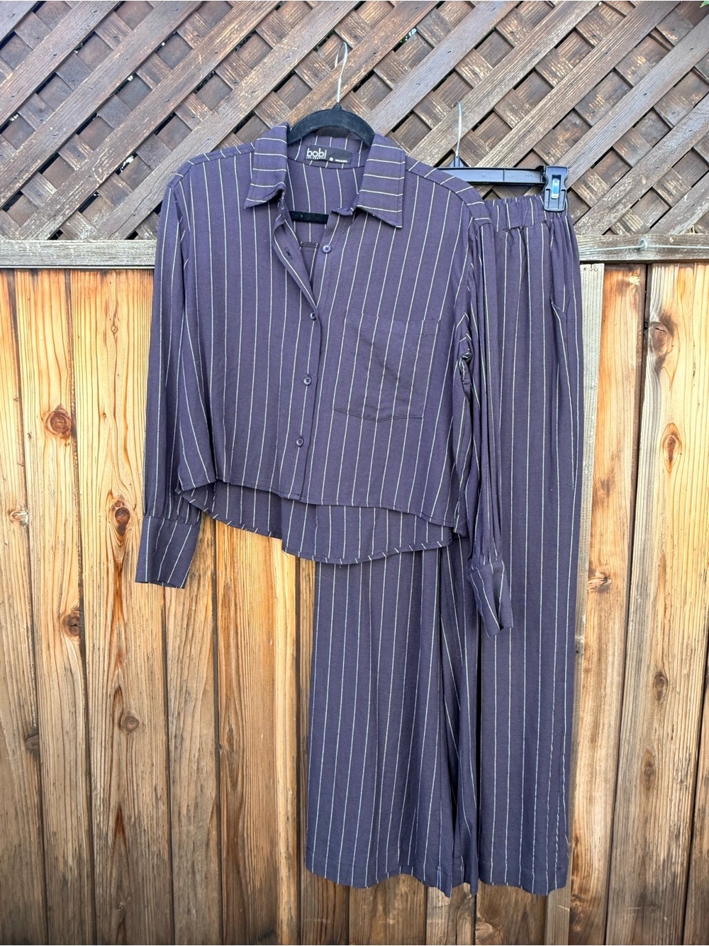 bobi Navy Pinstripe Wide-Leg Pants & Shirt Set extra small